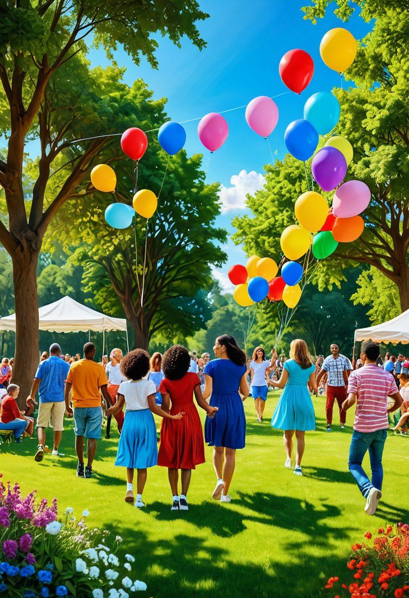 A vibrant outdoor scene filled with diverse people of all ages joyfully gathering in a lush park, celebrating with colorful decorations, laughter, and shared activities like dancing and games. The atmosphere is warm and inviting, embodying togetherness and well-being with bright flowers, picnic setups, and a blue sky in the background. super-realistic. vibrant colors. 3D.