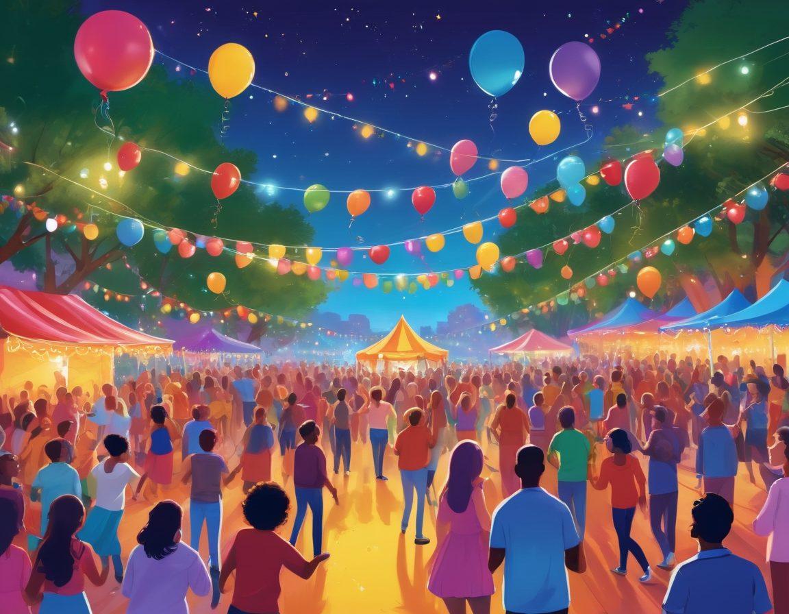 A lively community gathering with people dancing and enjoying music in an open park filled with colorful decorations and festive lights. In the background, a vibrant stage showcases a band playing upbeat tunes, while smiling faces and joyful expressions create an atmosphere of happiness. Balloons and streamers add to the celebratory feel, with diverse groups of people interacting and having fun. digital illustration. vibrant colors. festive atmosphere.