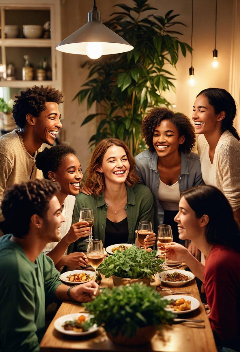 A warm, inviting scene showing a diverse group of people joyfully interacting in a cozy setting, surrounded by vibrant decorations symbolizing well-being, such as plants and soft lighting. Incorporate elements of laughter, hugging, and shared moments with delicious food and drinks on a beautifully arranged table. Capture the essence of emotional connections through expressive faces and body language. Create a burst of colors to reflect the happiness and joy of gathering together. super-realistic. vibrant colors. warm atmosphere.